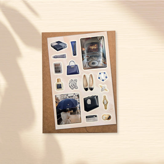 Set of old-money-style 3D domed stickers on a beige background. Glossy images of Monaco, a private jet cabin, luxury shoes, bags, and jewelry, as well as perfumes and cosmetics. Old Money vibe