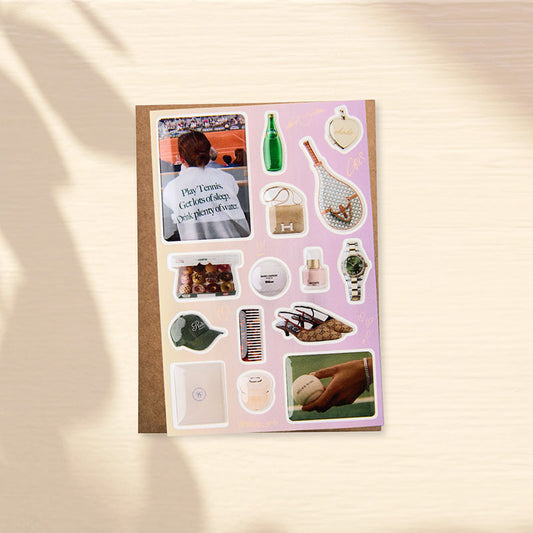 Curated 3D Phone Jewelry Kit. High-gloss aesthetic decals featuring luxury watches, designer bags, vintage tennis charms, and resort essentials. Glass-like finish, jewelry-grade resin. Old Money and Sport Luxe aesthetic. Neutral lavender palette.