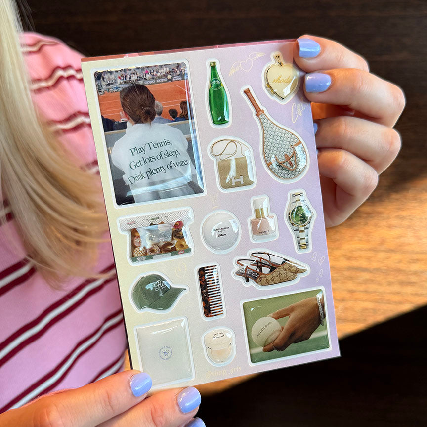 Curated 3D Phone Jewelry Kit. High-gloss aesthetic decals featuring luxury watches, designer bags, vintage tennis charms, and resort essentials. Glass-like finish, jewelry-grade resin. Old Money and Sport Luxe aesthetic. Neutral lavender palette.
