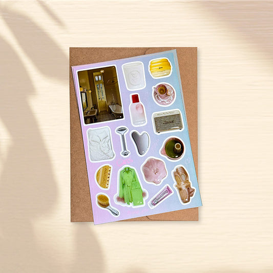 No Plans Yet | A handcrafted 3D phone jewelry set celebrating the art of the slow morning. Featuring high-gloss, glass-like icons of silk sleep masks, ballet flats, and quiet coffee rituals. Sculpted with jewelry-grade resin for a luminous, tactile finish on a soft lavender canvas.