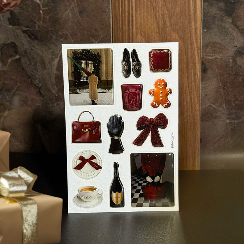 Winter is for Burgundy | A curated 3D jewelry decal set celebrating the art of alpine Après-Ski. High-gloss, glass-like accents featuring iconic imagery of fine burgundy leather goods, vintage champagne, and a snowy winter manor. Sculpted with jewelry-grade resin to bring a touch of timeless warmth to your device.